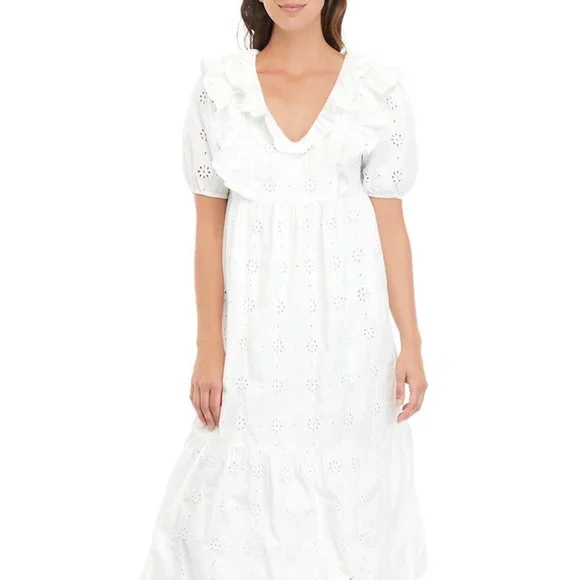 CROWN & Evy Women's Puff Sleeve Ruffled Eyelet Midi Dress Size S